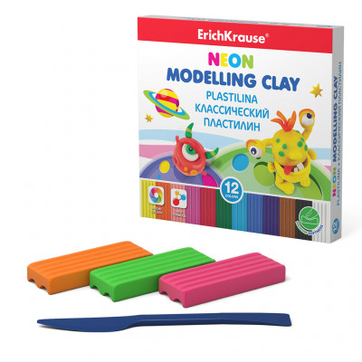Классический пластилин ErichKrause® Monsters Neon 12 цветов со стеком, 180г (...