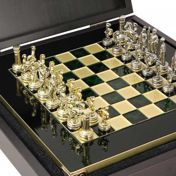 Шахматный набор подарочный Греко-Романский период, зеленая металлическая доска, высота фигурок 5,4 см