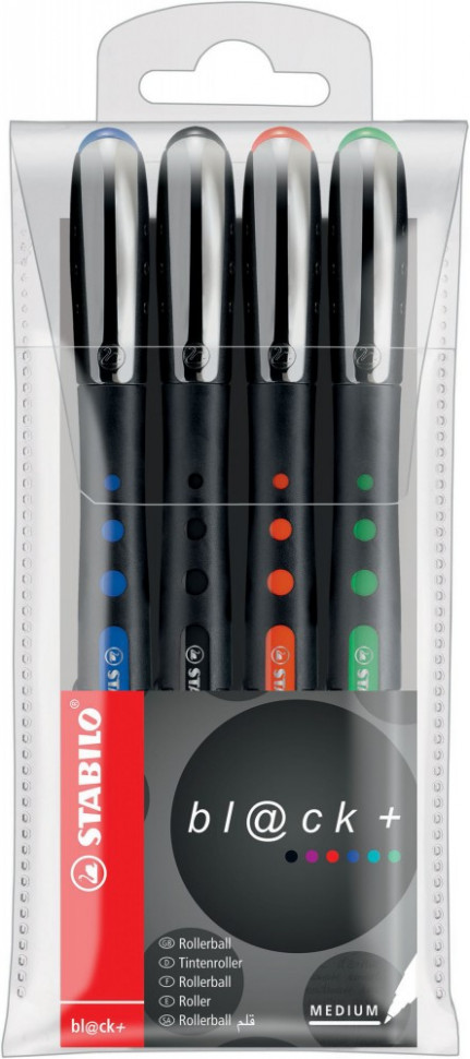 Ручка-роллер Stabilo Bl@Ck , 0,5 мм, черный корпус, 4 шт в упаковке  (синий, черный, красный, зеленый), блистер