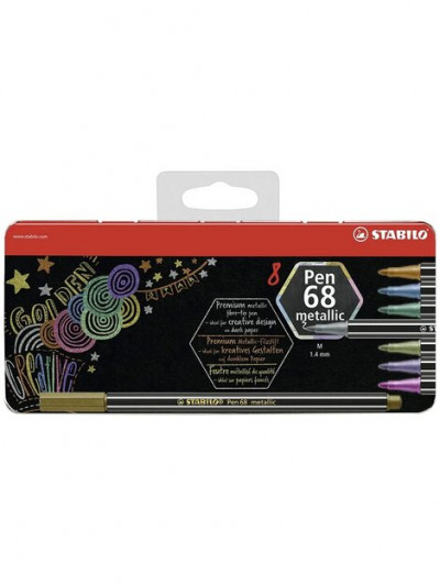Stabilo Pen 68 Metallic Набор фломастеров 8 цветов, в металлическом футляре