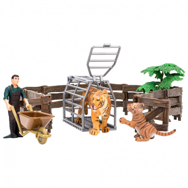 Игрушки фигурки в наборе серии "На ферме", 7 предметов (фермер, тигр и тигренок, 2 ограждения-загона, дерево, тележка)