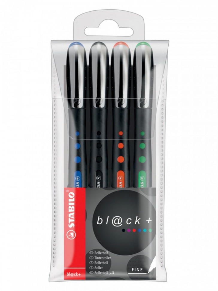 Ручка-роллер Stabilo Bl@Ck, 0,3 мм, черный корпус, 4 шт в упаковке (синий, черный, красный, зеленый), блистер