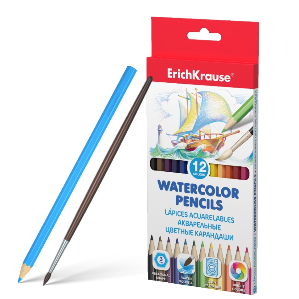 Акварельные карандаши шестигранные ErichKrause® 12 цветов с кисточкой