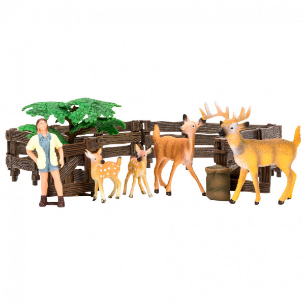 Игрушки фигурки в наборе серии "На ферме", 8 предметов (зоолог, семья оленей, дерево, ограждение-загон, инвентарь)