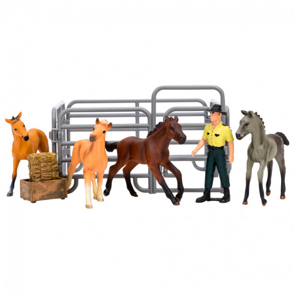 Игрушки фигурки в наборе серии "На ферме", 8 предметов (фермер, 4 жеребенка, ограждение-загон, инвентарь)