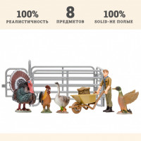 Игрушки фигурки в наборе серии "На ферме", 8 предметов (фермер, индюк, петух, гусь, утка, ограждение-загон, инвентарь)
