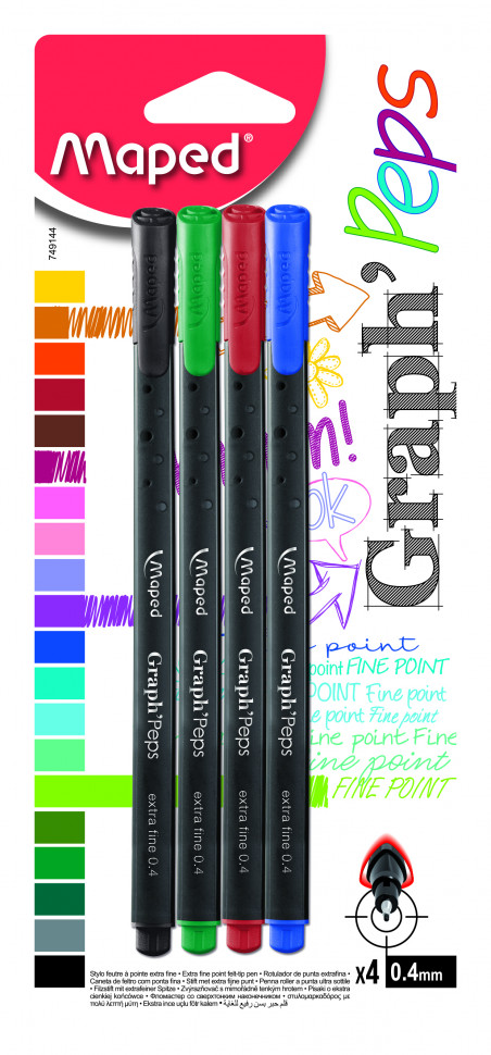 GRAPH PEP'S Ручка капиллярная, толщина линии - 0,4 мм, эргономичная зона обхвата, 4 цвета в упаковке: синий, черный, красный, зеленый, блистер