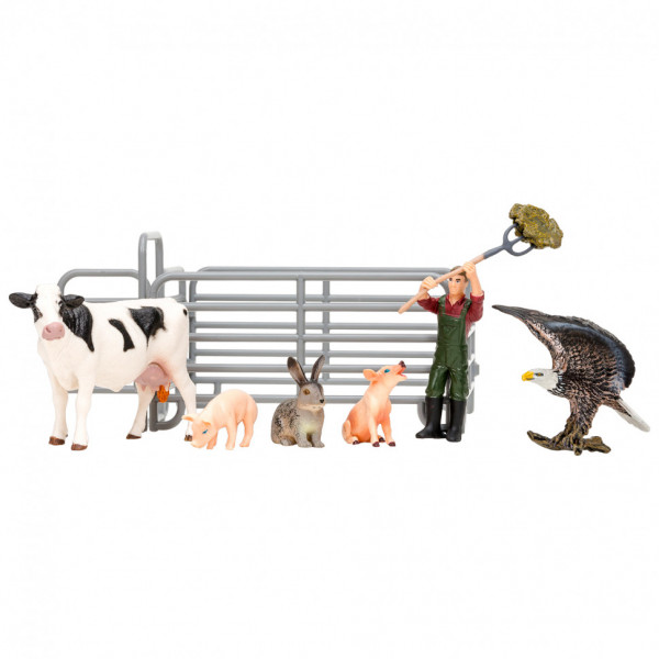 Игрушки фигурки в наборе серии "На ферме", 8 предметов (фермер, корова, 2 поросенка, кролик, орел, ограждение-загон, инвентарь)