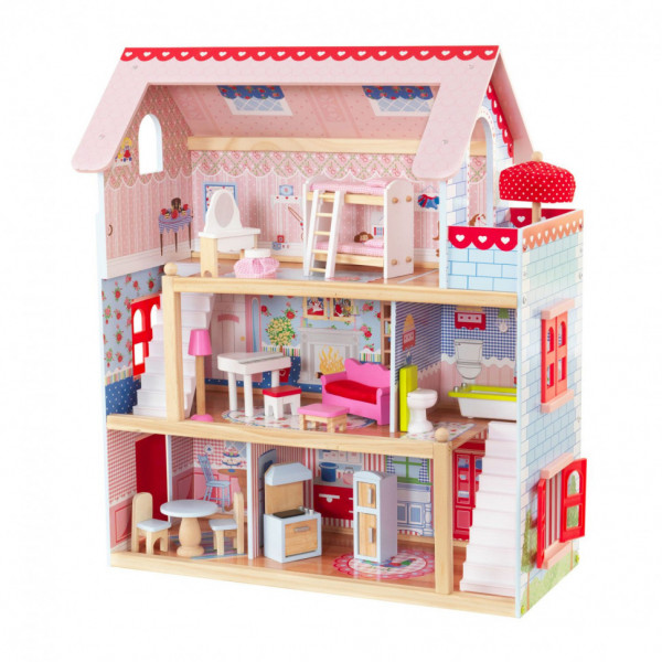 Деревянный кукольный домик "Открытый коттедж", с мебелью 16 предметов в наборе, для кукол 12 см