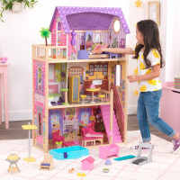 Деревянный кукольный домик "Патио и бассейн", с мебелью 32 предмета в в наборе, звук, для кукол 30 см