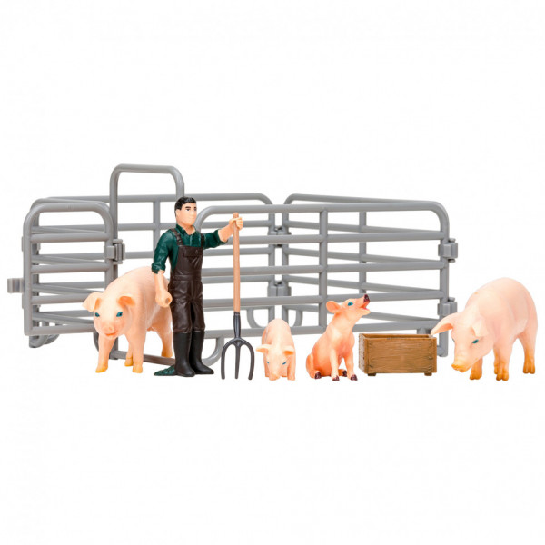 Игрушки фигурки в наборе серии "На ферме", 8 предметов (фермер, семья свиней, ограждение-загон, инвентарь)