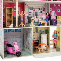Деревянный кукольный домик "Поместье Агостина", с мебелью 36 предметов в наборе и с гаражом, свет, звук, для кукол 30 см
