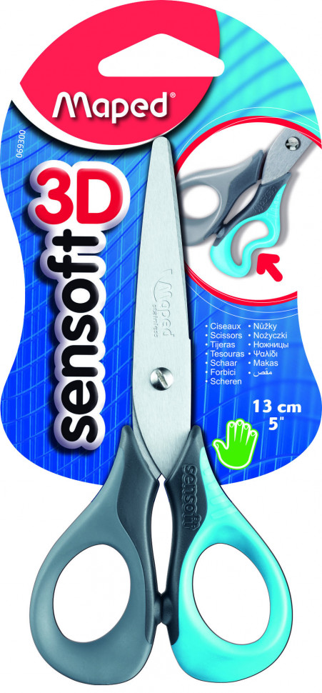 Школьные ножницы Sensoft 13 см, гибкие кольца, цвет ассорти, в блистере