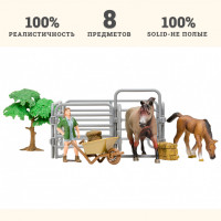 Игрушки фигурки в наборе серии "На ферме", 8 предметов: Американская лошадь и жеребенок, фермер, дерево, ограждение-загон, инвентарь