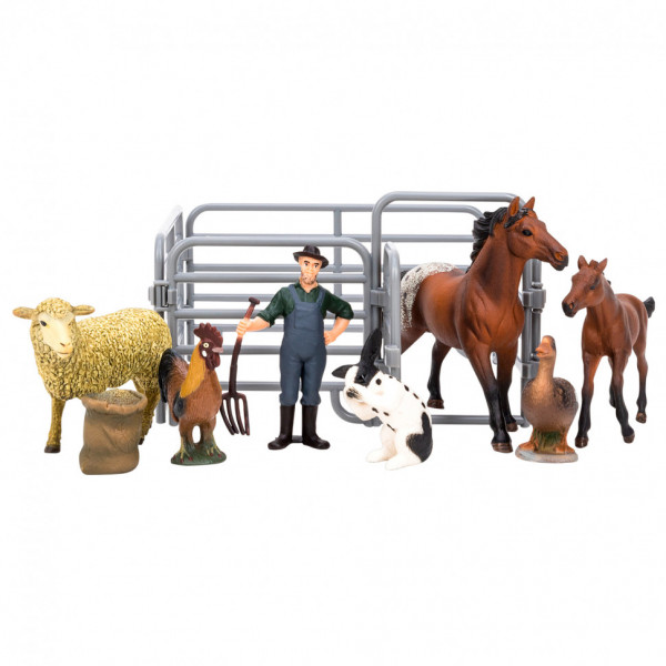 Игрушки фигурки в наборе серии "На ферме", 8 предметов: лошади, овца, кролик, петух, утка, фермер, ограждение-загон, инвентарь