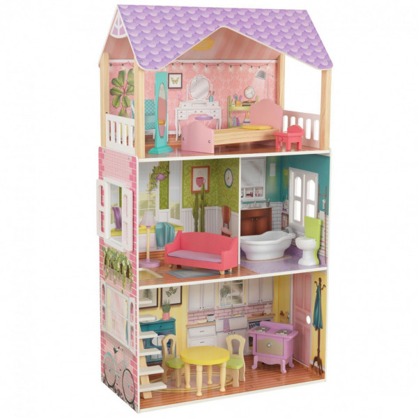 Деревянный кукольный домик "Поппи", с мебелью 11 предметов в наборе, для кукол 30 см