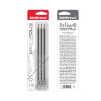 Чернографитный трехгранный карандаш с ластиком ErichKrause® MEGAPOLIS HB (в блистере по 3 шт.)