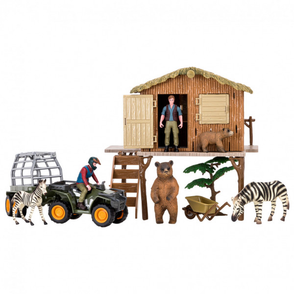 Набор фигурок животных cерии "На ферме": Ферма игрушка, зебры, медведи, квадроцикл для перевозки животных, фермер, инвентарь - 13 предметов
