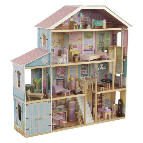 Деревянный кукольный домик "Роскошь", с мебелью 34 предмета в наборе и с гаражом, для кукол 30 см