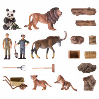 Набор фигурок животных cерии "На ферме": Ферма игрушка, львы, панда, тигренок, горный козел, фермеры, инвентарь -19 предметов