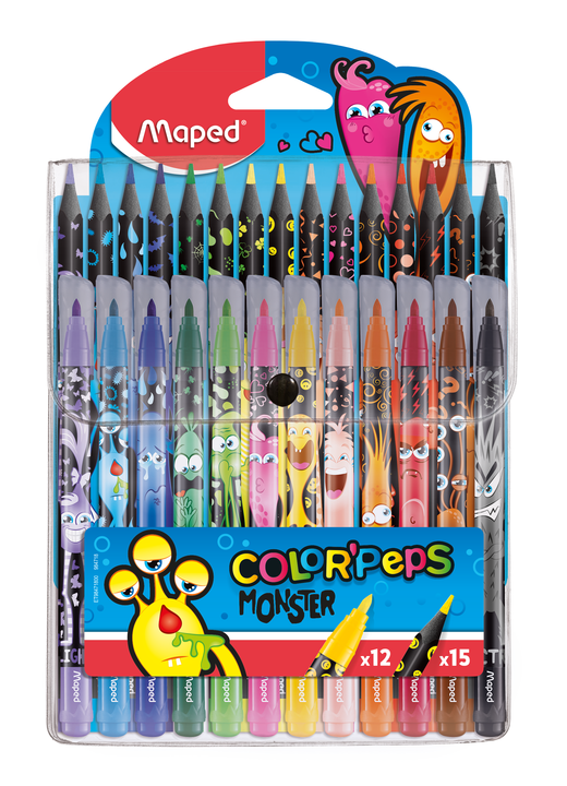 COLOR'PEPS MONSTER Набор для рисования: 12 фломастеров, 15 пластиковых цветных карандашей, декорированный корпус, в футляре