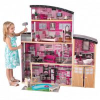 Деревянный кукольный домик "Сияние", с мебелью 30 предметов в наборе, гаражом, бассейном, для кукол 30 см