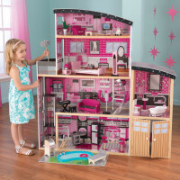 Деревянный кукольный домик "Сияние", с мебелью 30 предметов в наборе, гаражом, бассейном, для кукол 30 см