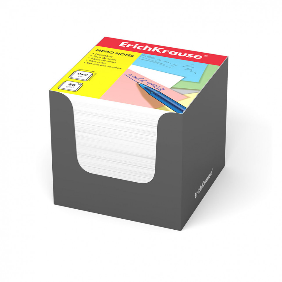 Бумага для заметок ErichKrause®, 90x90x90 мм, белый, в серой картонной подставке