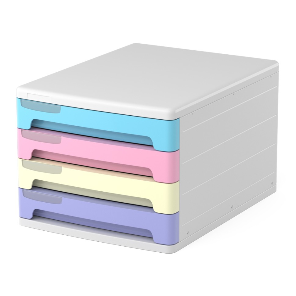 Файл-кабинет 4-секционный пластиковый ErichKrause® Pastel, белый с голубыми, розовыми, желтыми и фиолетовыми ящиками