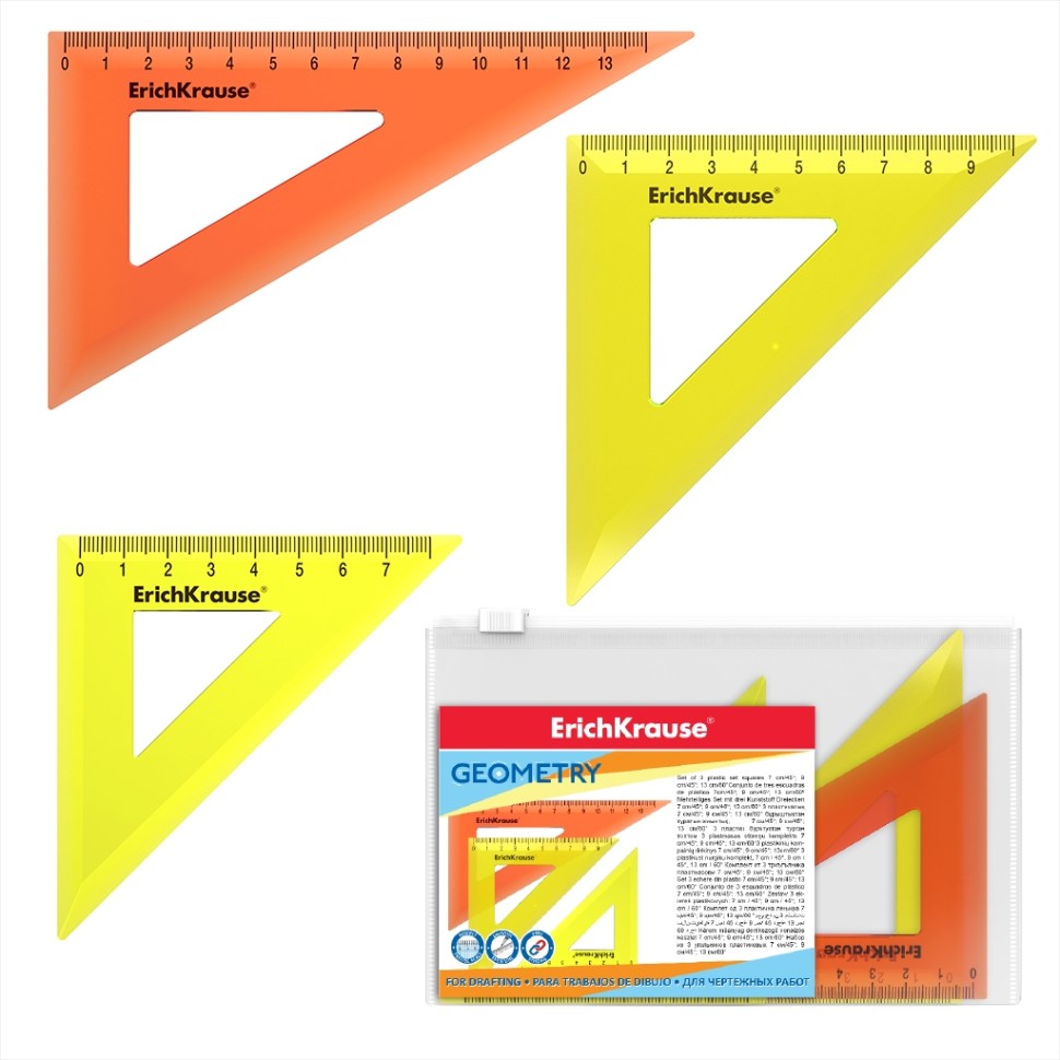 Набор из 3 пластиковых угольников ErichKrause® Neon, 7см/45° - желтый, 9см/45° - желтый, 13см/60° - оранжевый, в zip-пакете