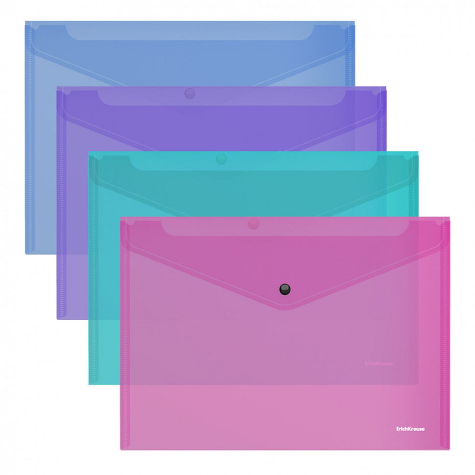 Папка-конверт на кнопке пластиковая ErichKrause® Fizzy Vivid, полупрозрачная, A4, ассорти (в пакете по 12 шт.)