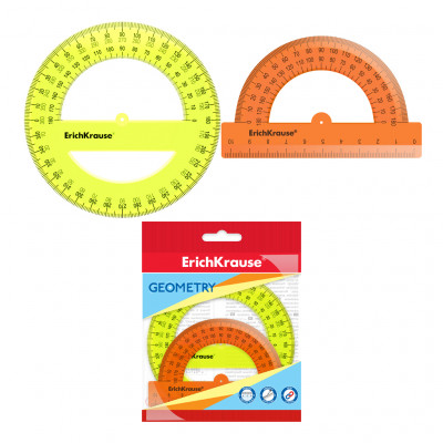 Набор из 2 пластиковых транспортиров ErichKrause® Neon, 180°/10см - оранжевый...