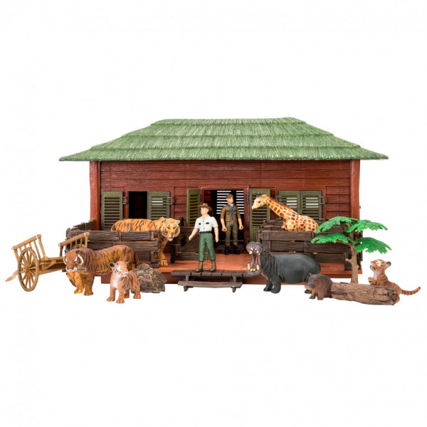 Набор фигурок животных серии "На ферме": Ферма игрушка, жираф, бегемот, тигры, фермеры, инвентарь -  17 предметов