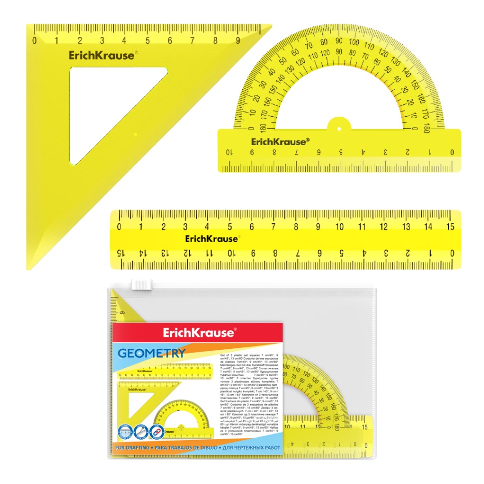 Набор геометрический малый пластиковый ErichKrause® Neon, (линейка, угольник, транспортир), желтый, в zip-пакете
