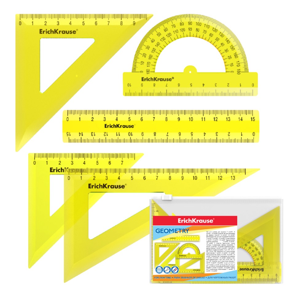 Набор геометрический малый пластиковый ErichKrause® Neon, (линейка, 3 угольника, транспортир), желтый, в zip-пакете
