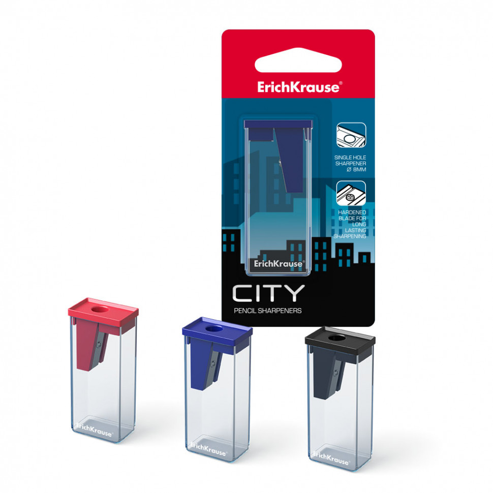 Пластиковая точилка ErichKrause® City с контейнером, цвет корпуса ассорти (в блистере по 1 шт.)