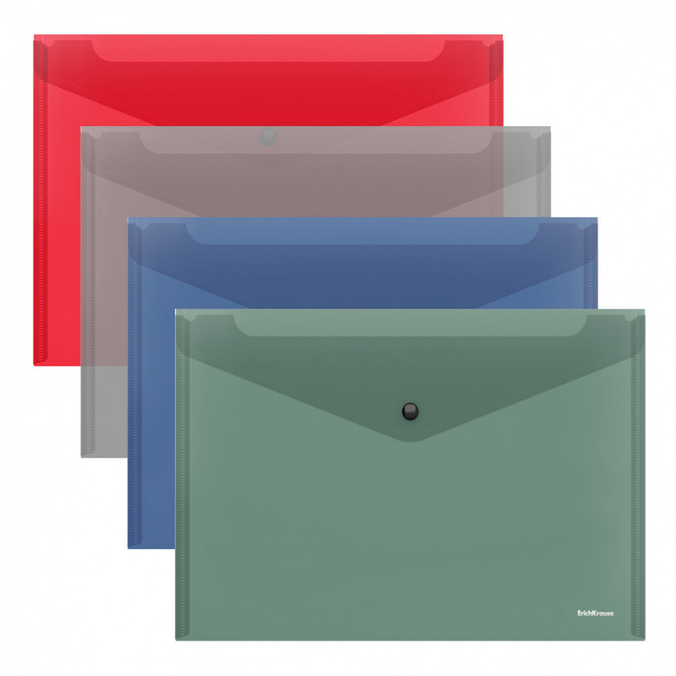 Папка-конверт на кнопке пластиковая ErichKrause® Glossy Classic, полупрозрачная, A4, ассорти (в пакете по 12 шт.)