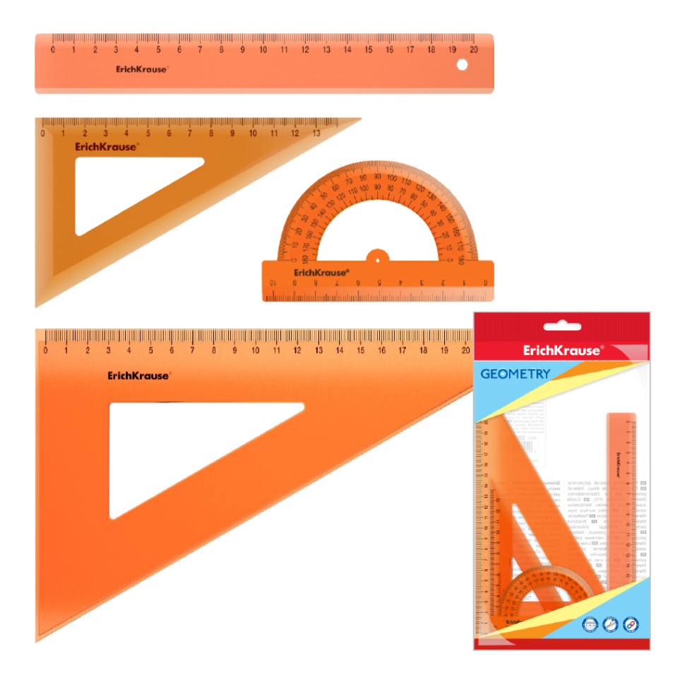 Набор геометрический средний пластиковый ErichKrause® Neon, (линейка, 2 угольника, транспортир), оранжевый, во флоупаке