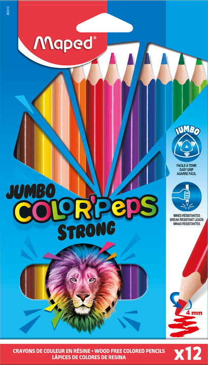 COLOR'PEPS JUMBO STRONG Цветные карандаши повышенной прочности, макси, пластиковые, 12 цветов, в картонной коробке с подвесом