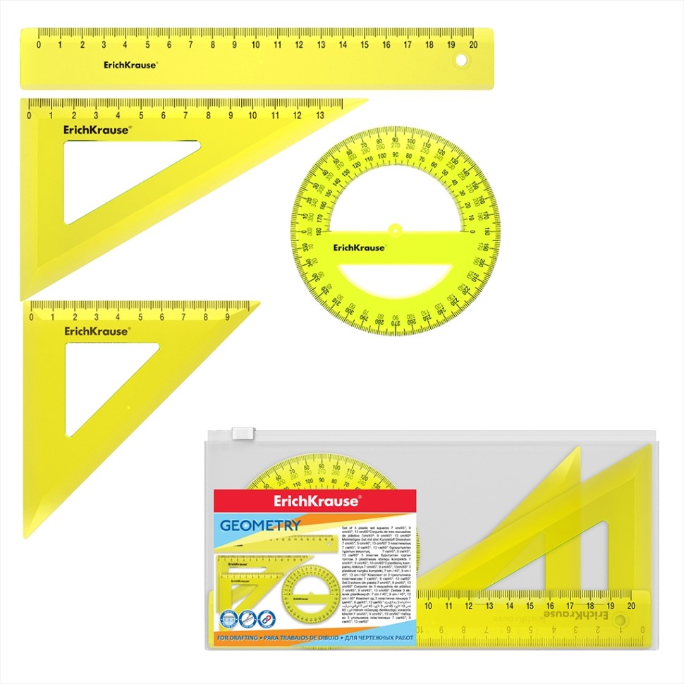 Набор геометрический средний пластиковый ErichKrause® Neon, (линейка, 2 угольника, транспортир), желтый, в zip-пакете