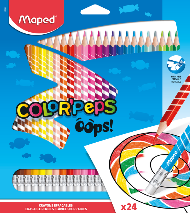 COLOR'PEPS OOPS Цветные карандаши с ластиком, пластиковые, 24 цвета, в картонной коробке с подвесом