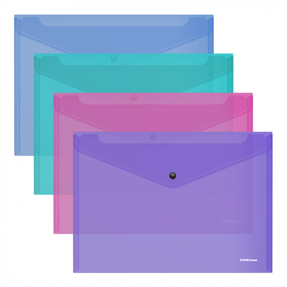 Папка-конверт на кнопке пластиковая ErichKrause® Glossy Vivid, полупрозрачная, A4, ассорти (в пакете по 12 шт.)