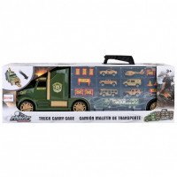 Детская машинка серии "Милитари" (Автовоз - кейс 64 см, зеленый, с тоннелем. Набор из 4 машинок, 1 автобуса, 1 вертолета, 1 фуры и 12 дорожных знаков)
