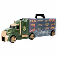 Детская машинка серии "Милитари" (Автовоз - кейс 64 см, зеленый, с тоннелем. Набор из 4 машинок, 1 автобуса, 1 вертолета, 1 фуры и 12 дорожных знаков)