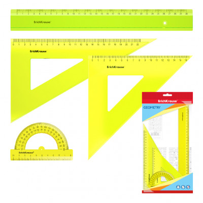 Набор геометрический большой пластиковый ErichKrause® Neon, (линейка, 2 уголь...