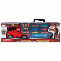 Детская машинка серии "Мой город" (Автовоз - кейс 59 см, красный, с тоннелем. Набор из 6 машинок, 1 фуры и 12 дорожных знаков)