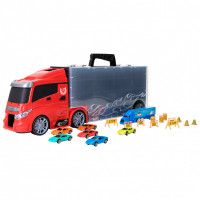 Детская машинка серии "Мой город" (Автовоз - кейс 59 см, красный, с тоннелем. Набор из 6 машинок, 1 фуры и 12 дорожных знаков)
