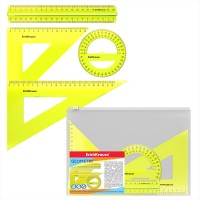Набор геометрический большой пластиковый ErichKrause® Neon, (линейка с держателем, 2 угольника, транспортир) в zip-пакете