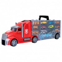 Детская машинка серии "Мой город" (Автовоз - кейс 64 см, красный, с тоннелем. Набор из 4 машинок, 1 автобуса, 1 вертолета, 1 фуры и 12 дорожных знаков