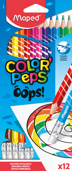 COLOR'PEPS OOPS Цветные карандаши с ластиком, пластиковые, 12 цветов, в карто...